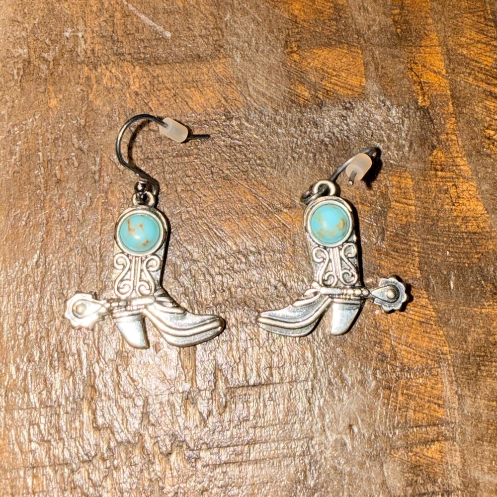 Silver and Turquoise Western Boot Earrings